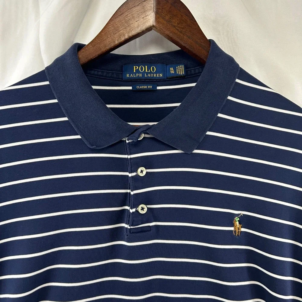 Polo Ralph Lauren Polo Shirt Mens XL Blue Striped Classic Fit Short Sleeve